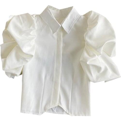 LUKAXSIKAX 2021 New Arrival Summer Women Shirt High Quality Fashion Puff Sleeve Slim Short Shirt Casual Women Tops