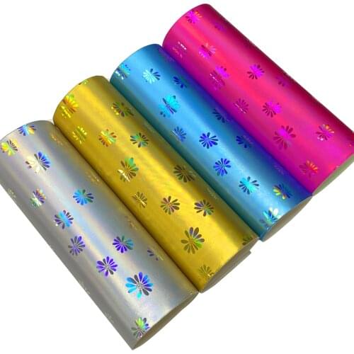 Daisy Flower Pattern Metallic Embossed Mirror Laser Holographic Fabric PU Faux Leather Sheet for Shoe/Bag/Clothing/Wallpaper