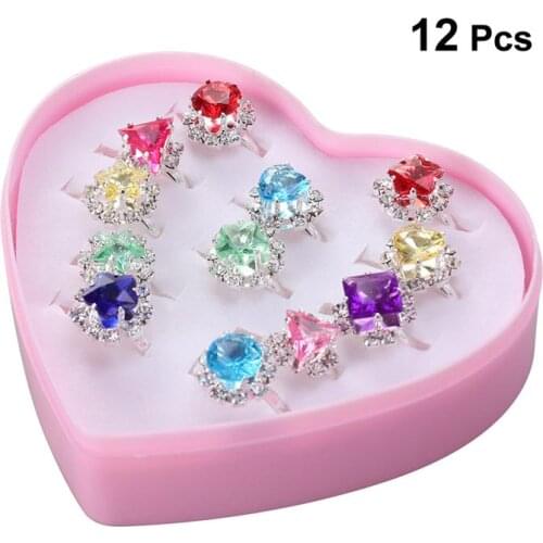 12pcs Child Ring Beautiful Colorful Diamante Ring Set Gift With Heart-Shaped Box for Girl Kid Child