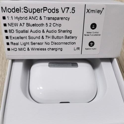 Superpods v7.5 v6.5 v5.5 tws, fone de ouvido sem fio duplo hybird anc bluetooth 5.2, fones de ouvido a7 bes 2300zp chip 6d, áudi