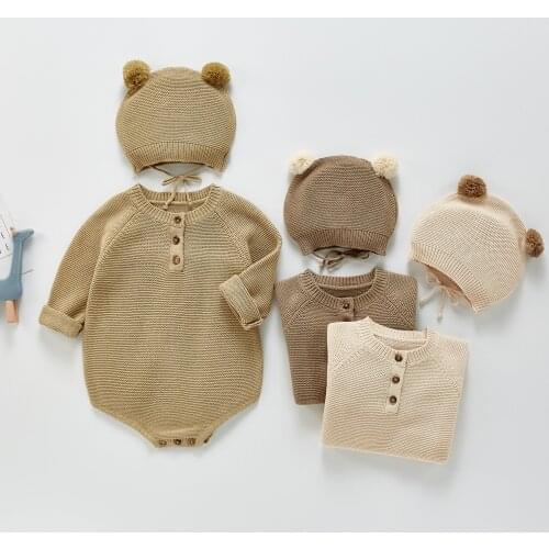 Newborn Baby Autumn Knitted Jumpsuit Boys And Girls Baby Cute Little Hat Bag Fart Creeper Sweater