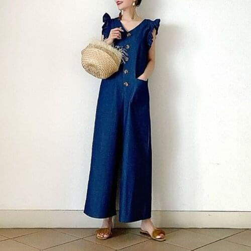 Casual blue jumpsuits wide Trousers Ladies Fashion Loose Mid Waist Women Stringy Selvedge Sleeveless Jumpsuit Button Rompers