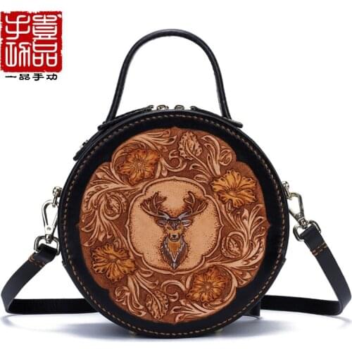 Luxury Womens Bag Hand Bag Hand-Made Leather Carving First Layer Leather Slung Deer Head Retro Cool Small round Bag