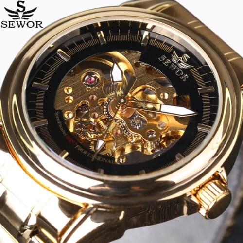 SEWOR 2018 Top Brand Luxury Watch Male Relogio Men Designer Skeleton Watch Full Steel Mechanical Handwind Watch Mens Watches
