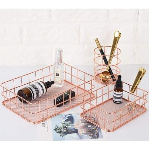 Rose Gold Metal Desktop Storage Baskets Set Makeup Organizer Eyeliner Brush Storage Chopsticks cage Pen Holder Jewelry Storage
