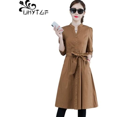 UHYTGF Womens Trench Coat Temperament Spring Autumn Windbreaker Female Mid-Length Slim Thin Tops Casual Plus Size Outerwear 1487