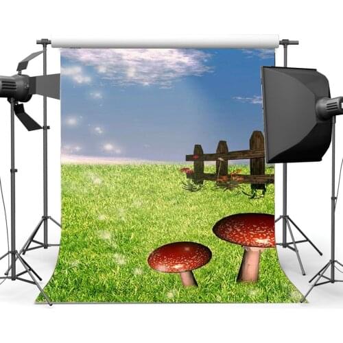 Spring Backdrop Fairytale Mushroom Fresh Flowers Elf Wood Fence Blue Sky White Cloud Green Grass Meadow Background