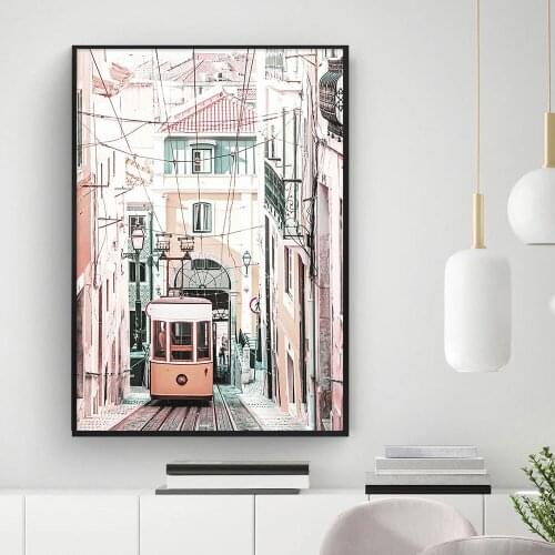 Pink Paris City Bus Vintage Art Poster Nordic Landscape Canvas Prints Painting on The Wall Modern Home Decoration Picture Decor