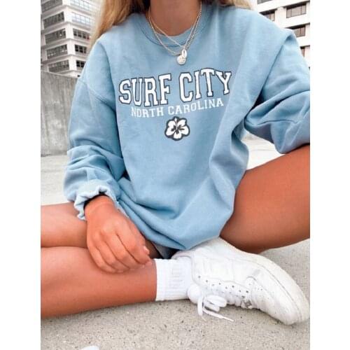 Vintage Blue Letter Printed Sweatshirt Women Hoodie Oversized Long Sleeve Winter Tops Fashion Teens Girls Plus Size Hoodies