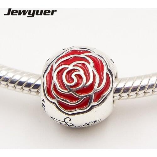 925-sterling-silver jewelry charm rose charms with Red Enamel Fit brand beads Bracelets DIY summer style Fine jewelry DSN042