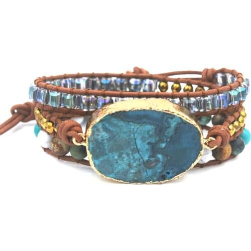 Boho Jewelry Women Bracelet Mixed Natural Stones Gilded Stone 3 Strands Wrap Bracelets Handmade Leather Bracelet Dropship