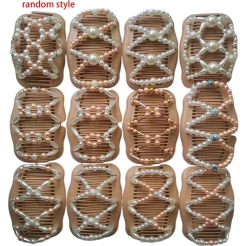 Women Magic Double Hair Comb Imitation Wood Pearl Clip Stretchy Hairpin Bead DIY Dropshipping
