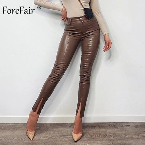 Forefair High Waist Slit Leather Pants Ladies 2020 Winter Skinny Push Up Solid Black Brown Women Pencil Pants
