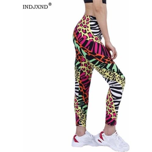 INDJXND Fitness Women Leggings Fashion Leopard Print Patchwork High Waist Elastic Push Up Ankle Length Polyester Gym Breathable