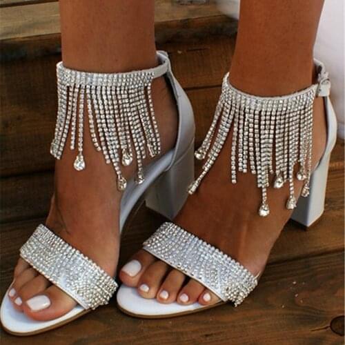 Ladys summer strappy sandals chunky block heels crystal tassel fringe ankle strap bridal wedding party prom night club shoes
