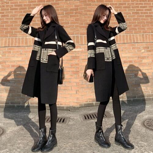 Womens Long Winter Trench Outerwear Chic Spliced Lattice Turn-Down Collar Covered Button Fashion Female Woolen Coat Women