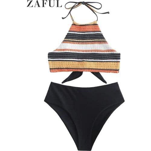 ZAFUL Sexy High Waist Bikini 2021 Striped Halter Smocked Tankini Swimsuit Women 2 Pieces Set Bathing Suits Summer Swimming
