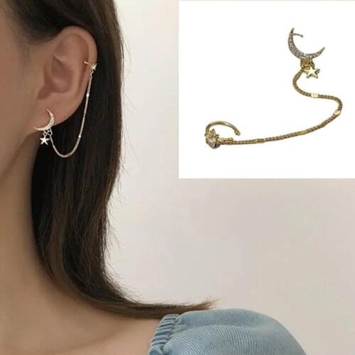 1pair Simple Moon Star Rhinestone Long Chain Earrings for Women Crescent Geometric Tassel Open Ear Clip Cuff Earring Jewelry