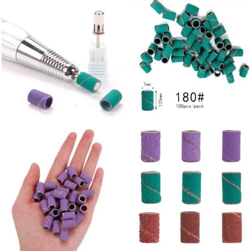 100pcs Sanding Cap Bands For Electric Manicure Machine 180/120/80 Grit Nail Drill Grinding Bit Files Pedicure Tool Set
