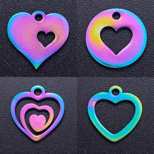 5pcs/lot 100% Stainless Steel Hollow Love Heart diy Charms With Rainbow Plated Wholesale Never Tarnish Finding Charm Suppliers