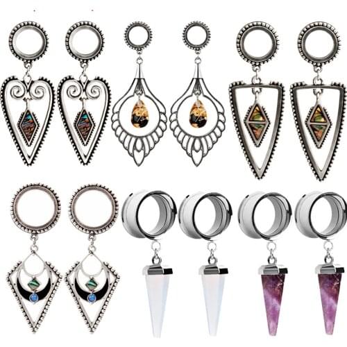 BOG-Pair Cone Shape Opal Stone&mother of pearl Crescent pendant Dangle Ear Tunnel Expander Ear Stretcher Piercing jewelry8-16mm