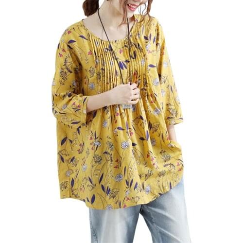 Floral Print Blouse Summer Women Casual Loose Fashion O-neck 3/4 Sleeve Tops Plus Size Ladies Streetwear Shirt Femme