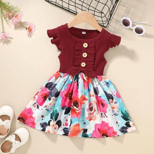 Toddler Kids Baby Girl Fly Sleeve Casual Bow Ribbed Floral Flower Dress Princess Baby Clothes Children Baby Girl Kids Outfit