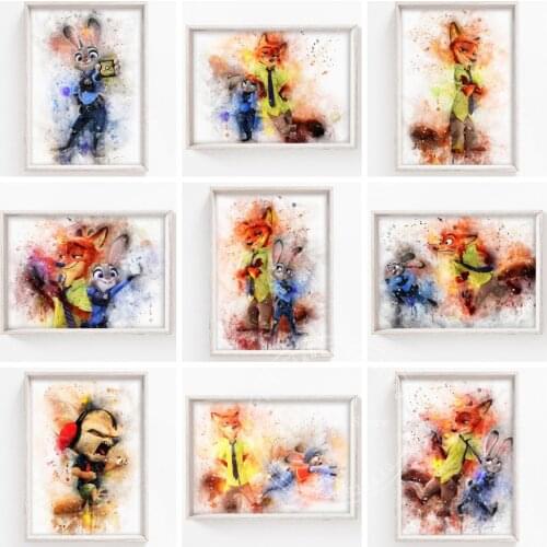 Disney Judy and Nick Canvas Art Paintings Watercolor Zootopia Poster and Print Wall Art Picture Nursery Room Home Decoration