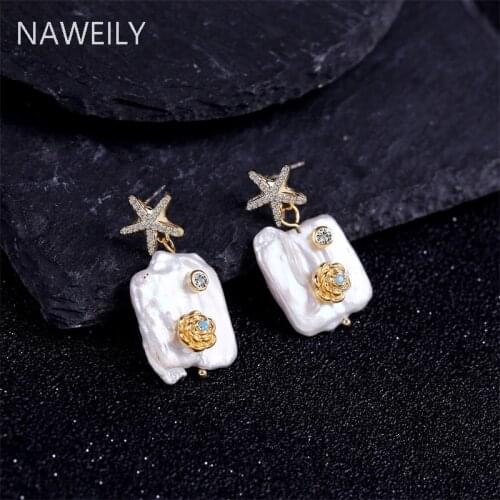 Statement Real Natural Pearl Earring For Women Crystal Star Flower Drop Earring Fashion Chic Handmade Earrings