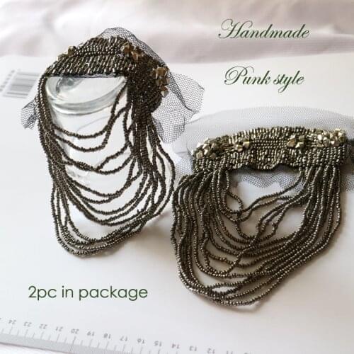 2pc black tassel Beaded epaulette for clothes Punk Coat Suit DIY Tassel Badge Epaulets Shoulder Patches appliques for clothing