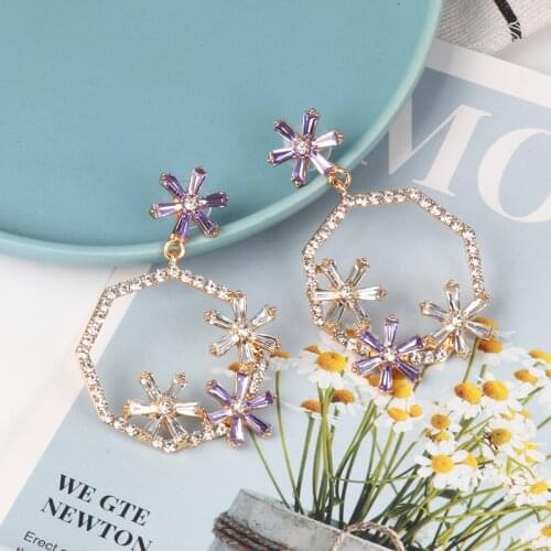 Colorful Glass Rhinestones Big Drop Dangle Earrings for Women Hollow Geometric Wedding Party Jewelry Large Statement Earrings