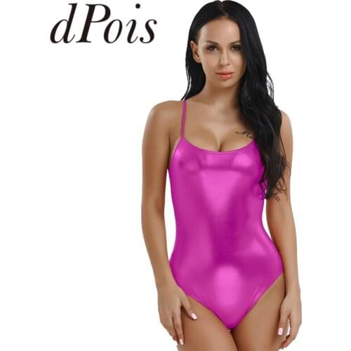 Women Patent Leather Swimsuits One-piece U back Spaghetti Shoulder Straps Thong Swimwear Ballet Dance Gymnastics Beach Jumpsuit