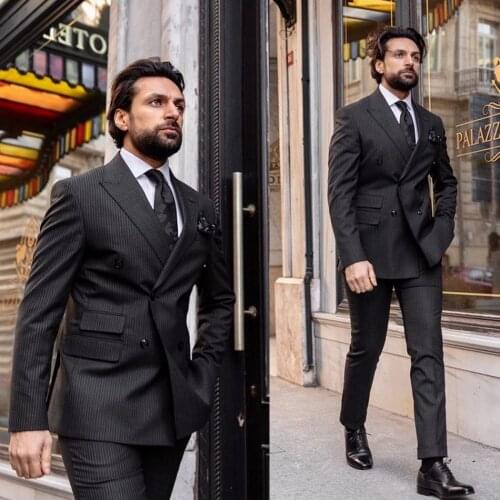 British Style Striped Mens Pants Suits Groom Double Breasted Jacket Business Party Prom Wedding Blazer Tuxedos Custom Two Piece