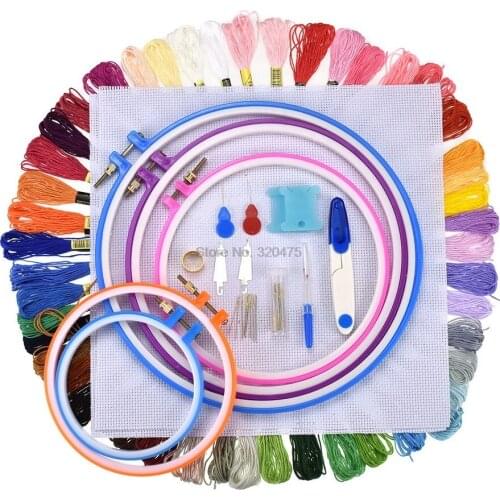 50set Embroidery Circles Set Embroidery Thread 50 100 Colors Sewing Tool Adjustable Skein Punch Needle Stitching