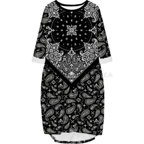 New Fashion Bandana 3D Print Long Paisley Pocket Loose Casual Robe Summer Dress Traf For Women V23