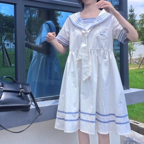 OLOMLB Kawaii Striped Short-Sleeve Dress Cute Belt Loose Waist Clothing For Girl Summer Soft Sweet Japanese Sailor Collar Dress