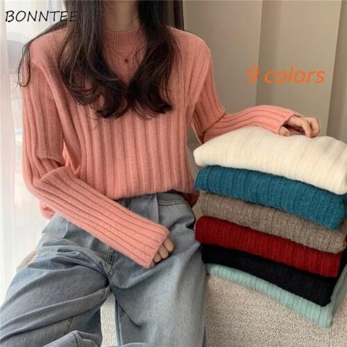 9 Colors Pullovers Women Solid Simple Basic Korean Style Chic Leisure Elegant All-match Slim Ulzzang Female Sweater College Soft