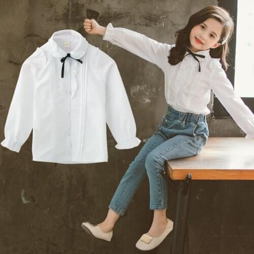 Girls Long-sleeved Bowknot Shirt 2021 Spring New Lotus Leaf Shirt Teen Pure Cotton Edge Top Student White All-match Shirt
