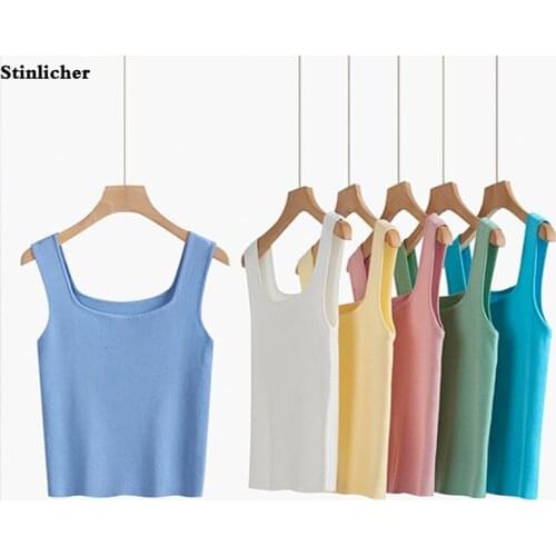 Sexy Sleeveless Knitted Sweater Vest Women Tank Tops Summer Elasticity Solid Slim Camisole Cotton Loose Ladies Vest