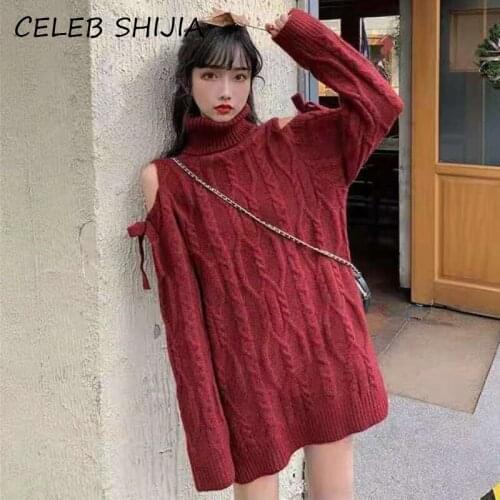 New Winter Turtleneck Twist Sweater Woman Burgundy Shoulder Hollow Long-sleeve Knit Jumper Woman Korean Loose Pullover Fall