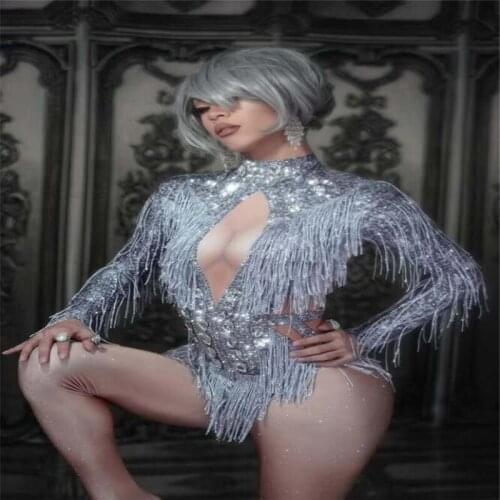 X29 Ballroom dance costumes Sparkly Rhinestones Silver Fringed Skinny Jumpsuit Crystals Tassels bodysuit Elastic Leotard dress