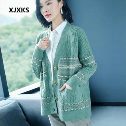 XJXKS Fashion V-neck women striped cardigan 2020 autumn winter new high-quality wool knitted sweater women jacket
