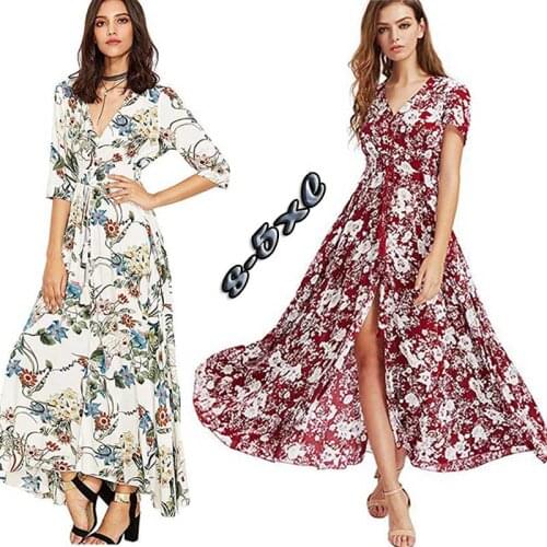 Vintage Floral Print Summer Long Dress for Women V-neck Vacation Casual Bodycon Bohemia Indie Folk Style Vestidos Maxi Dress