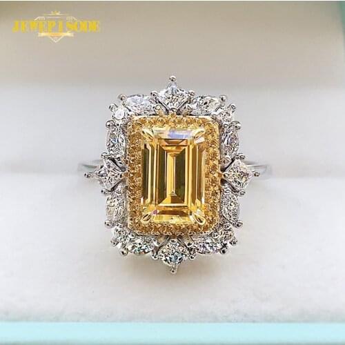 Jewepisode 925 Sterling Silver Emerald Cut Created Moissanite Citrine Wedding Engagement Rings for Women Fine Jewelry Wholesale