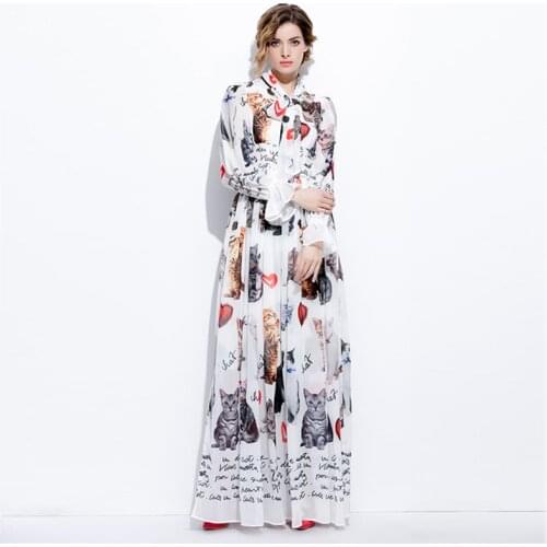 New 2017 Summer Fashion Elegant Print Bow Collar Long Flare Sleeve Floor-Length Cat & Heart White Long Dress Vintage Bohemian
