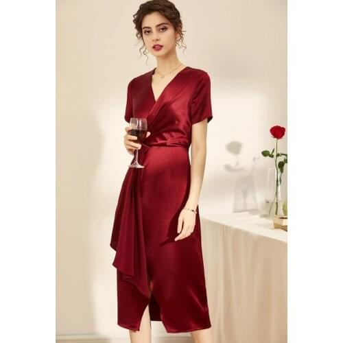 Quality 2020 summer new elegance womens solid triacetic acid V-neck short sleeve dress mj2188