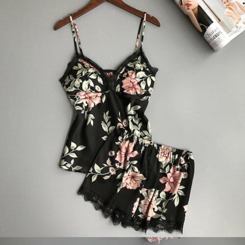 2pcs Summer Women Sexy Satin Lace Sleepwear Lingerie Nightdress Pajamas Set Sleeveless Ladies Flower Pajamas with Chest Pad