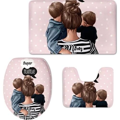 3pcs/Set Bathroom Accessories Super Mom and Children Printing Bath WC Non-Slip Mat Comfortable Washable Floor Rugs Carpets Mats