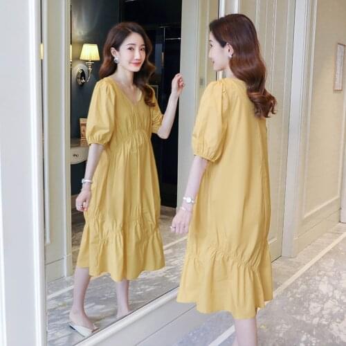 8869# Maternity Dress Summer Solid Color Cotton v-neck Short Sleeve Loose Stylish Dress for Pregnant Women Mom Dress