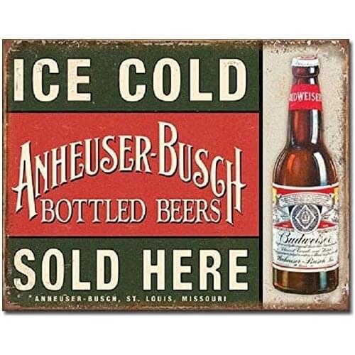 LINA Anheuser Busch Bud Budweiser Bottled Ice Cold Beers Sold Retro Tin Signs Metal Vintage Signs Auto Motorcycle Gasoline Garag